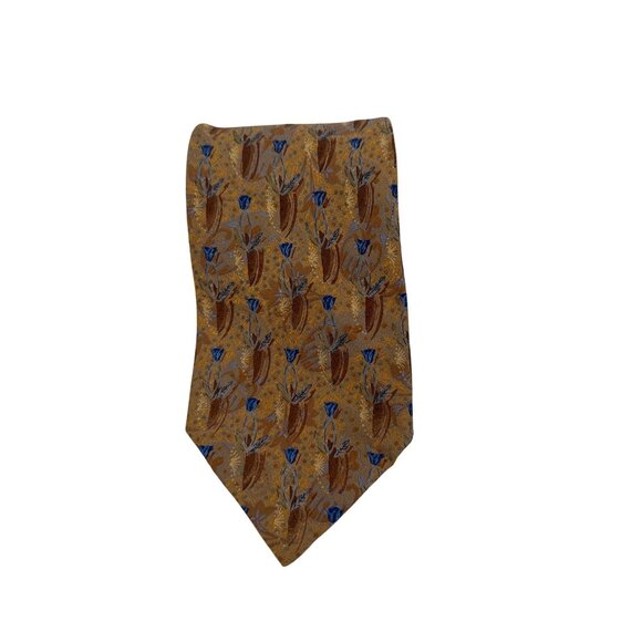 Seven Fold Handsewn Finest Silk Tie With Floral Pattern In Brown & Blue - Picture 1 of 5